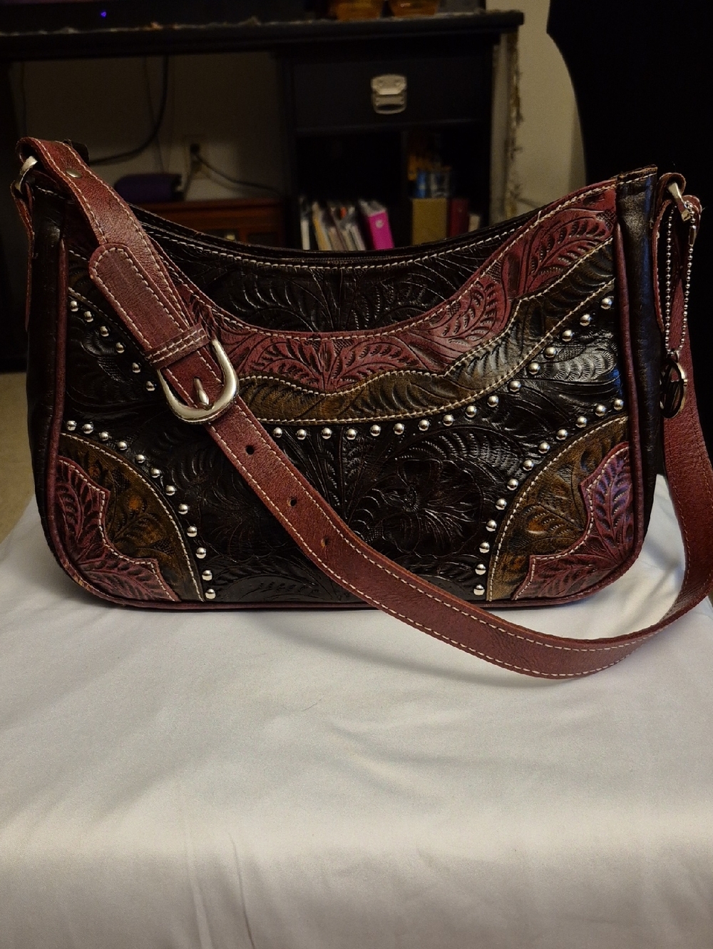 Women's Dark Brown and Violet Embossed Leather Shoulder Bag